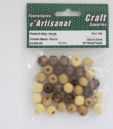 Wooden Beads - Round, 12 Mm, 36 Pieces, Natural Colors